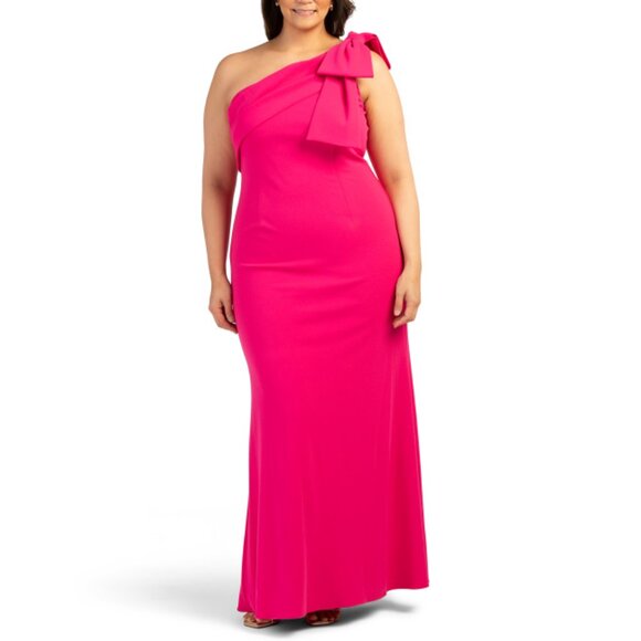 ADRIANNA PAPELL HOT PINK One Shoulder Bow Mermaid Gown - Picture 1 of 2